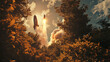 a cloudy sky with a spacecraft taking off from a cloud, in the style of light bronze and orange, high dynamic range, vignetting, romantic scenery, imposing monumentality, luminist, distinctive noses