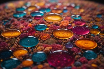 Poster - Close-up of multicolored microorganisms, fungi, bacteria and viruses in a petri dish in the laboratory. Pharmaceutical development of antibiotics, disease treatment concepts.