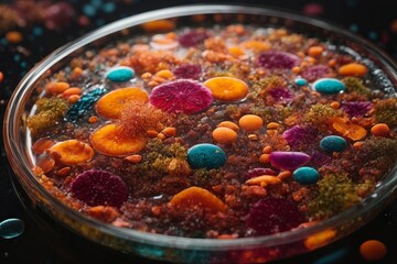 Poster - Close-up of multicolored microorganisms, fungi, bacteria and viruses in a petri dish in the laboratory.