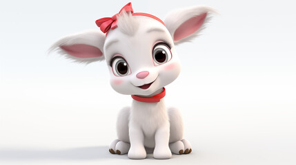 Poster - 3d cartoon female white goat with red ribbon isolate on white background