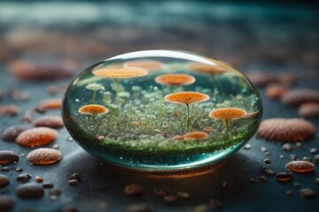 Poster - Close-up of multicolored microorganisms, fungi, bacteria in a petri dish in a modern laboratory. Pharmaceutical development of antibiotics, pills, scientific medical experiments concepts.