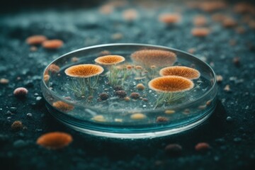 Poster - Close-up of multicolored microorganisms, fungi, bacteria in a petri dish in a modern laboratory. Pharmaceutical development of antibiotics, pills, scientific medical experiments concepts.