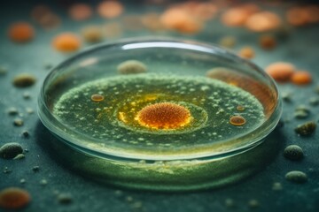 Poster - Close-up of microorganisms, fungi, bacteria in a petri dish in a modern laboratory. Pharmaceutical development of antibiotics, pills, scientific medical experiments concepts.