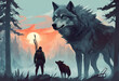 giant wolf in fire meadow, digital art style, illustrative painting, dark background, v01