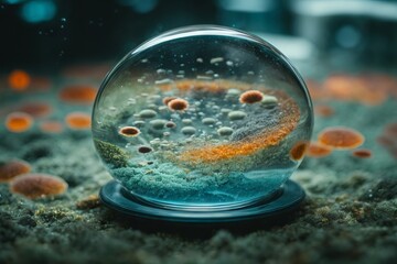 Poster - Close-up of multicolored microorganisms, fungi, bacteria in a petri dish in a modern laboratory. Pharmaceutical development of antibiotics, pills, scientific medical experiments concepts.