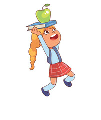 Poster - Student of colorful school set. A little schoolgirl is depicted in a cartoon style hurrying to class with a textbook and an apple for a snack. Vector illustration.