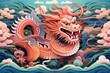 Captivating chinese dragon paper cutout with ocean waves and clouds in the background, lively paper craft for chinese new year 2024