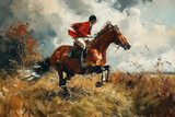 Fototapeta  - Oil Painting Style of An equestrian on a galloping horse during a foxhunt, depicting the speed and tradition of the sport in a rural setting.