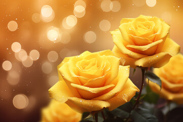 Wall Mural - yellow rose garden with yellow bokeh background and sparkling glitter.