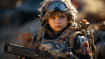 Wall Mural - Kid solider in fighting gear with gun weapon on battlefield.