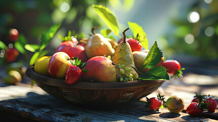 Wall Mural - A collection of fruits in a simple wooden bowl apples, pears and strawberries, reminiscent of coun