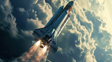 The Picture Shows A Space Rocket Overcoming The Earthly Limits, Creating A Feeling Of A Stormy Cli