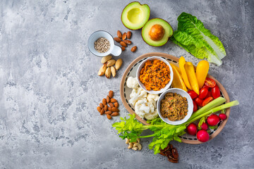 Poster - Assorted raw snack vegetables with dip sauce, healthy fresh food platter