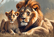 Lions family with cubs on dark background, illustrative painting, digital art style