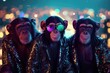 At a lively festival under the night sky, a pack of cool monkeys donned their shades and grooved to the light, embodying the playful spirit of their wild mammal nature