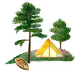 © Ekaterina - Watercolor outdoors composition boat trees yellow tent
