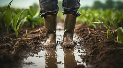 Farmer in wet field after rain in rubber boots and increasing crop success, farmer with a photo of half his body from stomach to feet