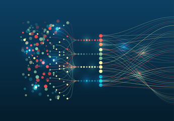 Poster - Data set analysis and visualization. Abstract business analytics. An array of information in the form of waves. Large data stream on a dark background, glowing lines and circles.