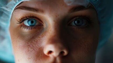 Poster - Woman's face close-up with striking blue eyes. Versatile image suitable for various uses