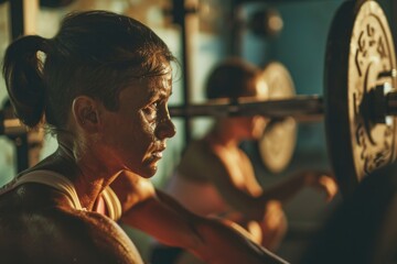 Sticker - A woman performing a squat exercise with a barbell in a gym. Suitable for fitness and exercise-related content