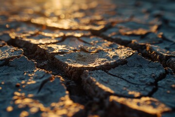 Aufkleber - A close-up view of a cracked ground with the sun shining in the background. Suitable for various uses