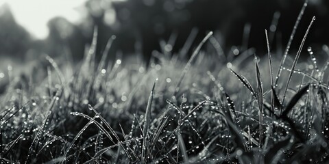 Poster - A black and white photo capturing the beauty of dew-covered grass. Perfect for nature enthusiasts and those seeking a minimalist aesthetic.