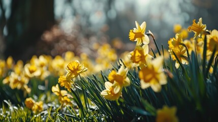 Poster - A beautiful field of yellow daffodils on a sunny day. Perfect for springtime designs and nature-themed projects