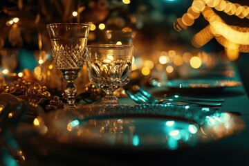 Poster - A table set for a formal dinner with a blue tablecloth. Ideal for use in event planning and catering promotions