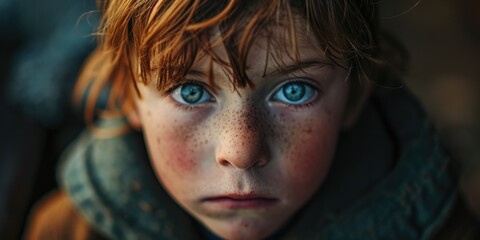 Aufkleber - A close-up photograph of a child with striking blue eyes. This image can be used in various contexts, such as advertising, parenting articles, or for illustrating the concept of innocence and youth