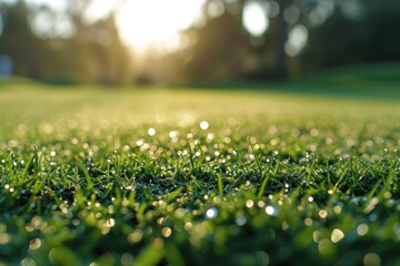 Poster - A close-up view of a field of grass with glistening water droplets. Perfect for nature and environmental themes