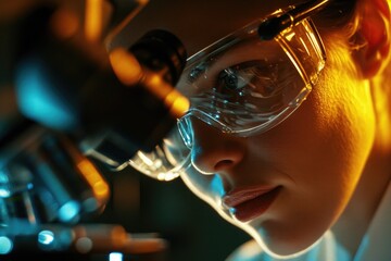 Poster - A close-up view of a person wearing a lab coat and goggles. This image can be used to depict scientific research, laboratory experiments, or safety precautions in a laboratory setting