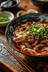 Wall Mural - A bowl of noodles with tender meat and fresh green onions. Perfect for Asian cuisine and food-related projects