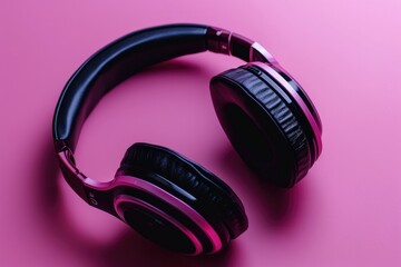 Poster - A pair of headphones resting on a vibrant pink surface. Perfect for illustrating music, technology, or relaxation concepts.