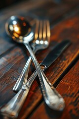 Poster - A table adorned with elegant silverware and silver spoons. Perfect for showcasing a sophisticated dining experience or adding a touch of class to food-related designs