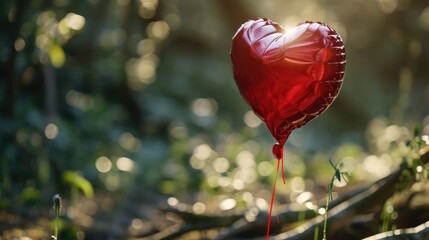 Poster - A red heart shaped balloon floating in the air. Suitable for romantic occasions and celebrations