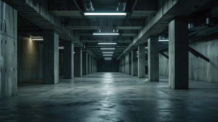 Aufkleber - An image of a dark room with concrete walls and beams. This versatile picture can be used to depict a variety of settings such as a basement, warehouse, or abandoned building