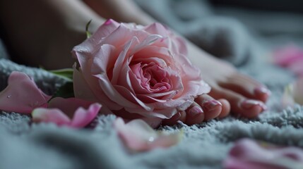 Aufkleber - A person is seen laying on a bed with a pink rose. This image can be used to depict relaxation, love, or as a symbol of romance