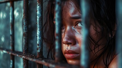Poster - A close-up view of a person behind bars. This image can be used to depict imprisonment, confinement, or incarceration
