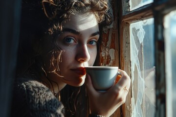 Poster - A woman is seen holding a cup of coffee in front of a window. This image can be used to depict relaxation, morning routine, or enjoying a hot beverage