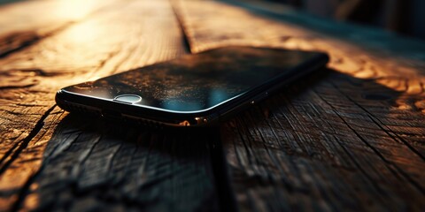 Poster - A cell phone placed on a wooden table. Suitable for technology and communication concepts