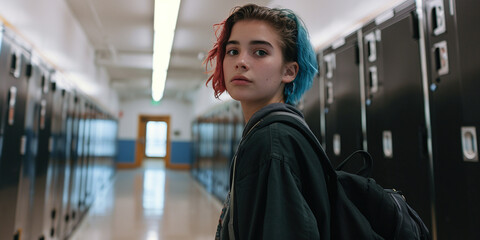 Canvas Print - Modern youth subculture gen generation z young professionals self expression confidence concept. Portrait of creative non binary student girl with short dyed blue hair in school hallway with lockers