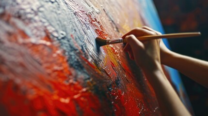 Aufkleber - A detailed shot of an individual painting on a canvas. This image can be used to showcase the artistic process or as a representation of creativity and self-expression