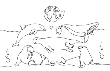 Wall Mural - Marine mammals. Protection. Line.