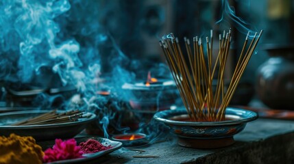 Aufkleber - A picture of incense sticks placed in a bowl, surrounded by various bowls of incense. This image can be used to depict relaxation, meditation, aromatherapy, or spiritual practices