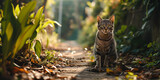 Fototapeta  - Gato cinza explorando o jardim cheio de plantas verdes em uma tarde com iluminação difusa - Fundo de tela