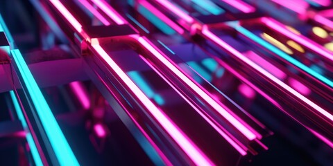 Poster - A vibrant collection of neon lights illuminating a room. Perfect for adding a pop of color and ambiance to any space