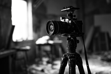 Poster - A black and white photo of a camera on a tripod. Suitable for various photography-related projects