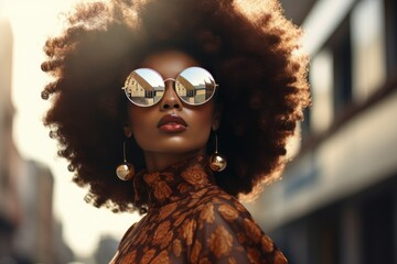 Stylish Afro woman in sunglasses on city street. Urban fashion portrait, summer lifestyle.