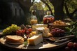 Cheese board in a picnic in a park in Rome, with historic statues and arches., generative IA