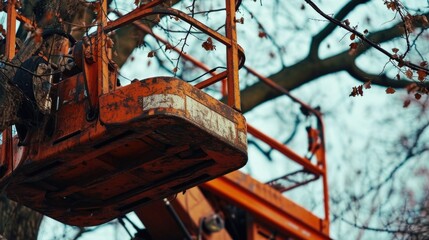 Poster - A cherry picker suspended from a tree, providing a unique perspective. Can be used to depict construction, maintenance, or tree trimming activities